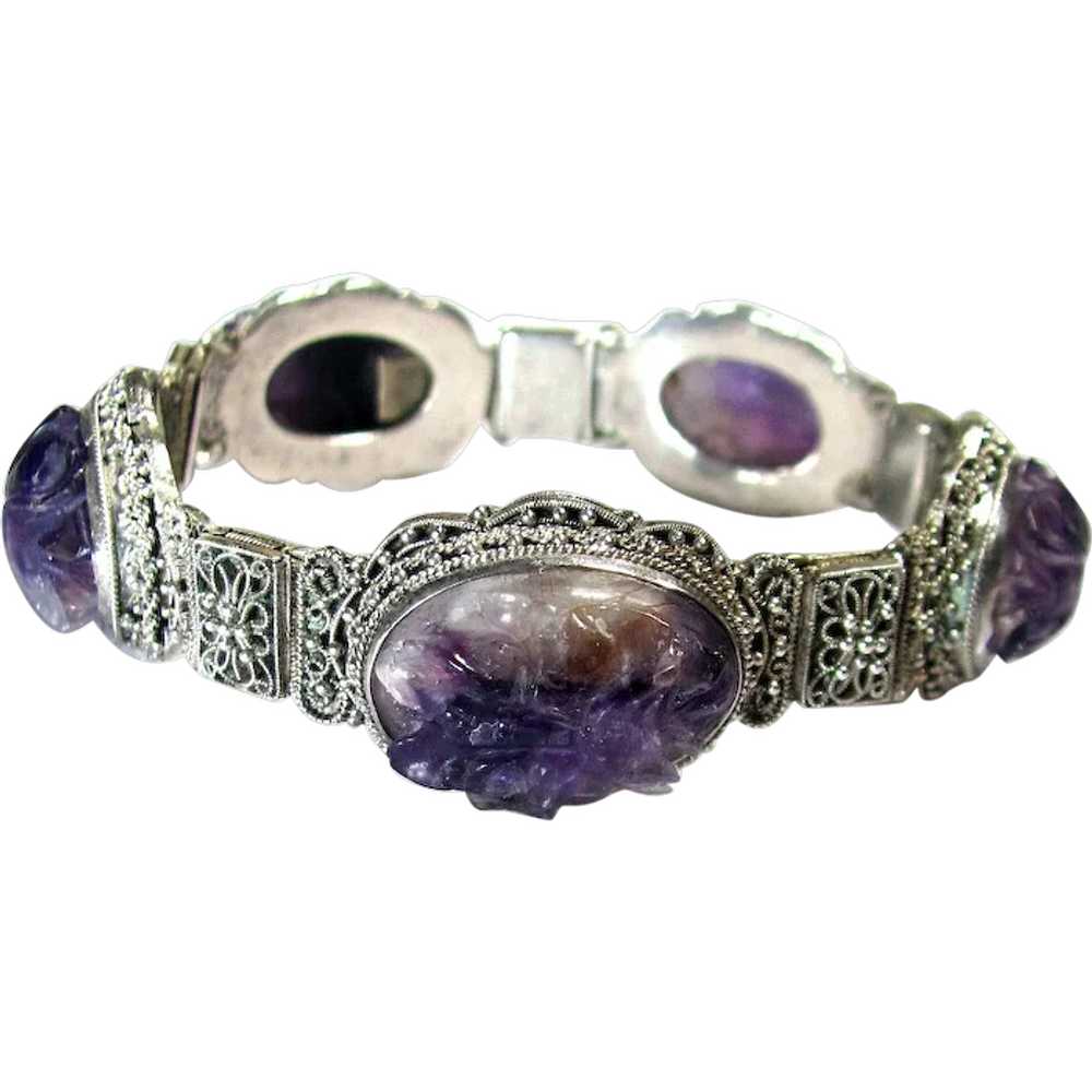 Antique, Chinese, Carved Amethyst & Sterling Silv… - image 1