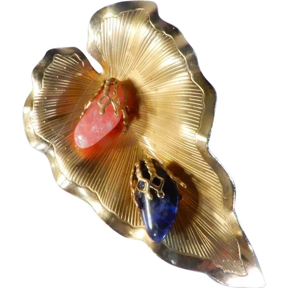 Vintage Gold Tone and Polished Stones Leaf Pin - image 1