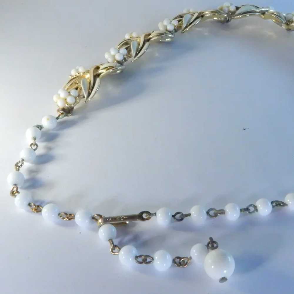 Signed Coro Gold Tone White Enamel and White Bead… - image 3