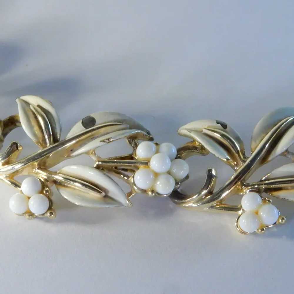 Signed Coro Gold Tone White Enamel and White Bead… - image 9