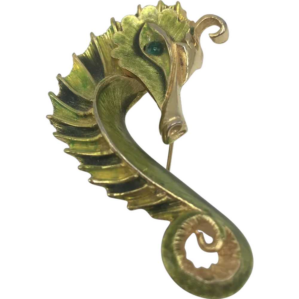 Signed Hattie Carnegie Seahorse Brooch with Green… - image 1