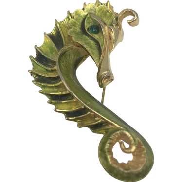 Signed Hattie Carnegie Seahorse Brooch with Green 