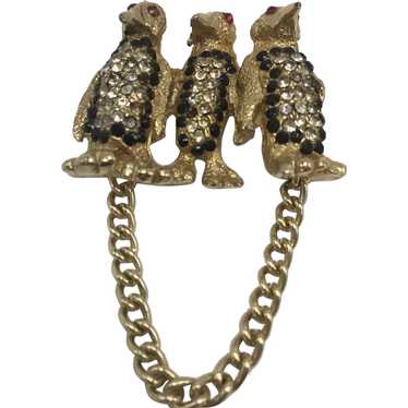 Vintage Penguin Family Brooch with Chain