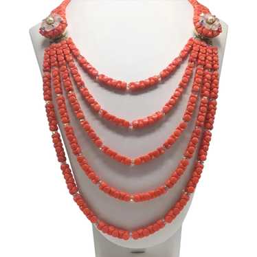 Rare Vintage Hobé Beaded Coral-Color Bib Necklace 
