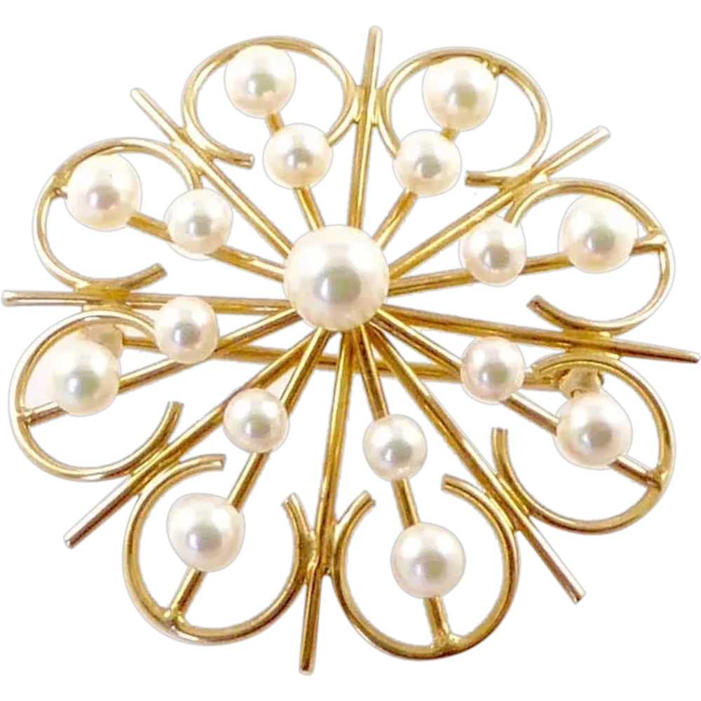 14 Karat Gold and Cultured Pearl Flower Brooch - image 1