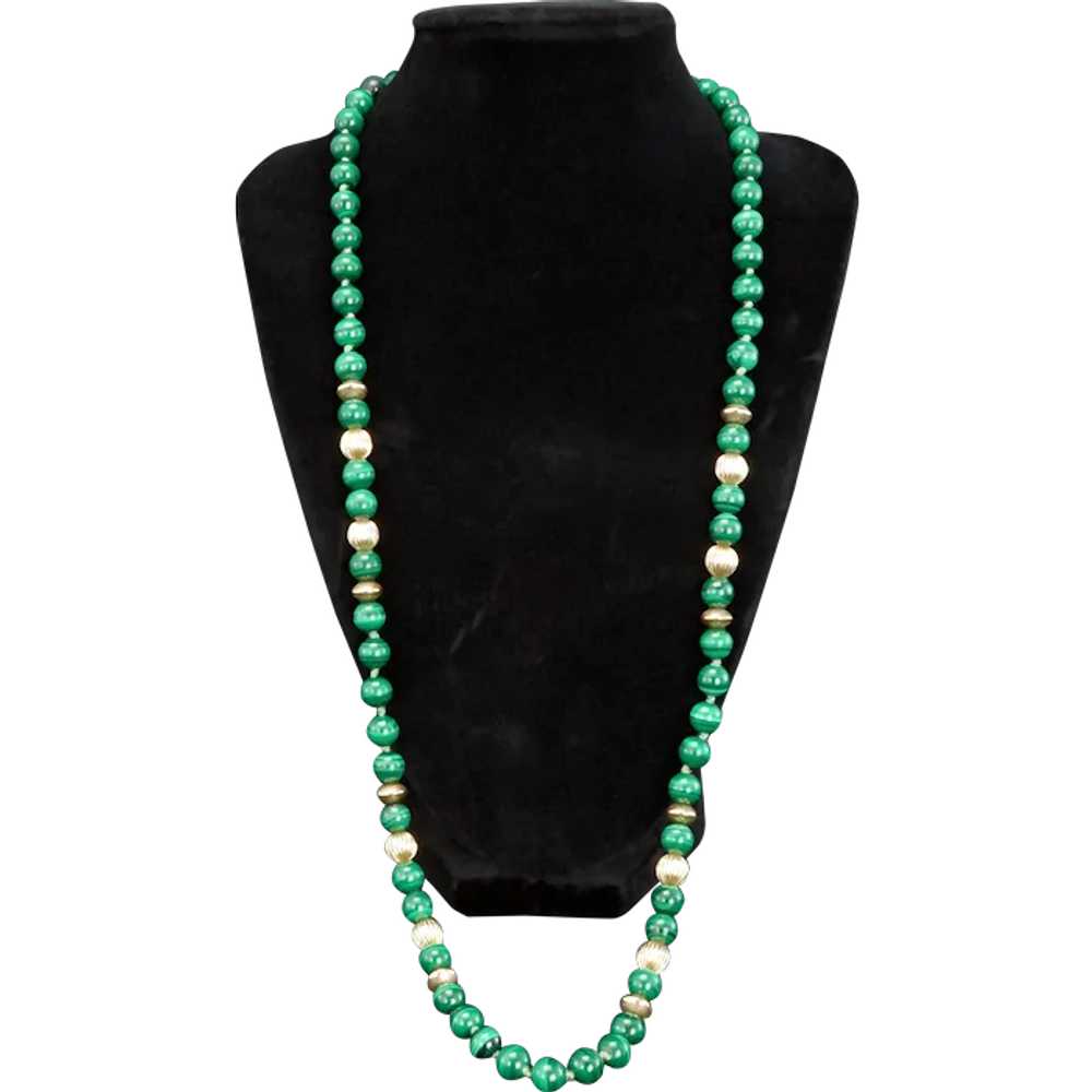 Vintage 27 in Malachite and Gilt Bead Necklace 19… - image 1