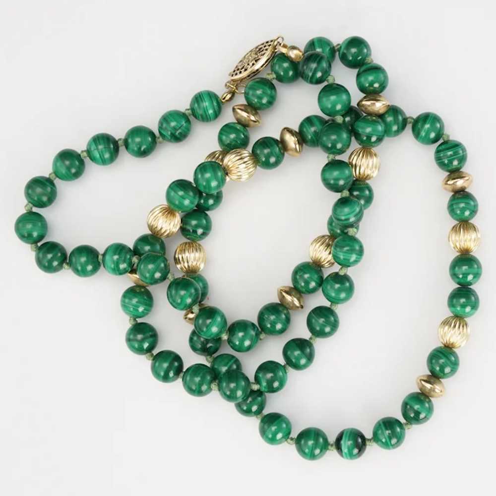 Vintage 27 in Malachite and Gilt Bead Necklace 19… - image 3
