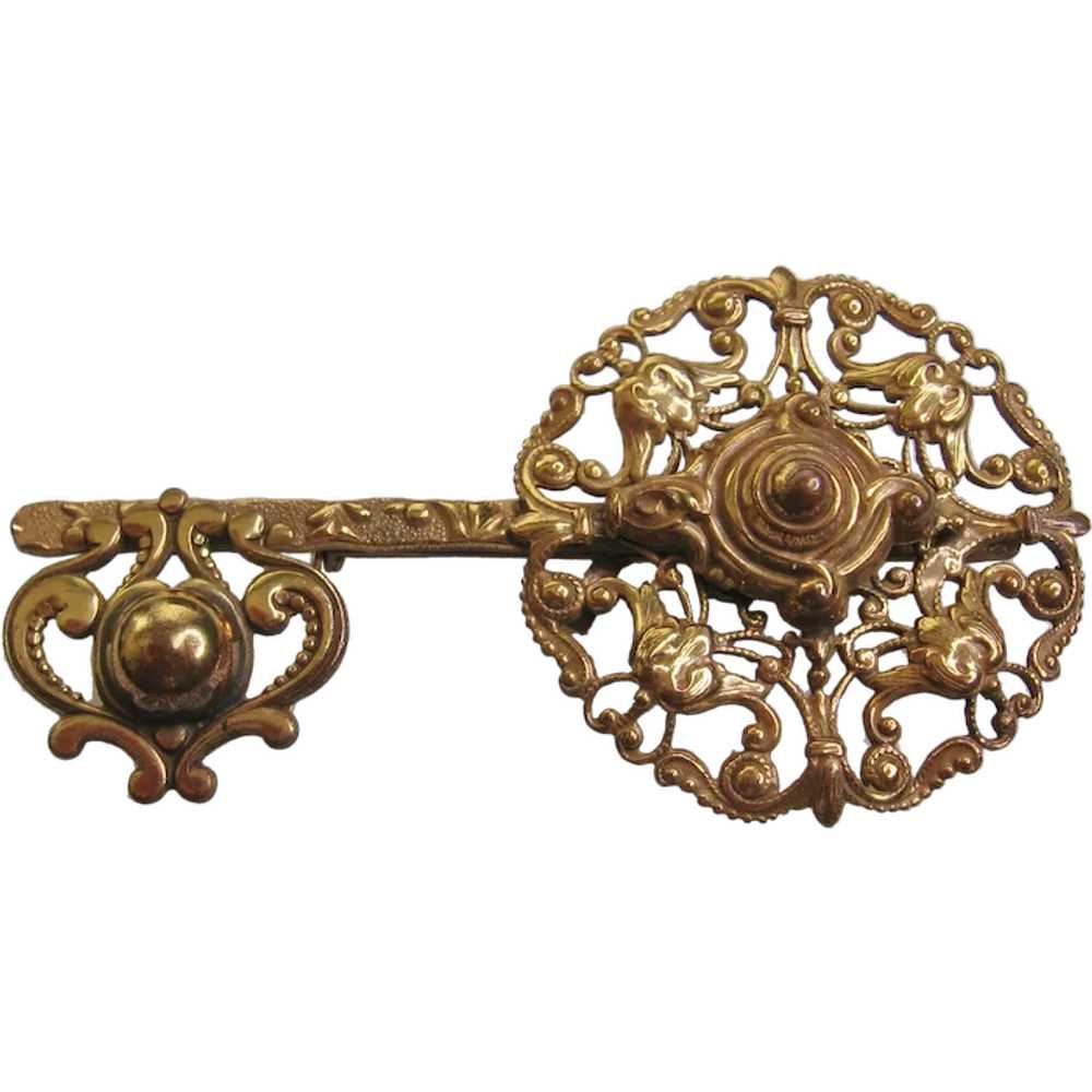 Vintage Openwork Brass Key Brooch-Pin - image 1