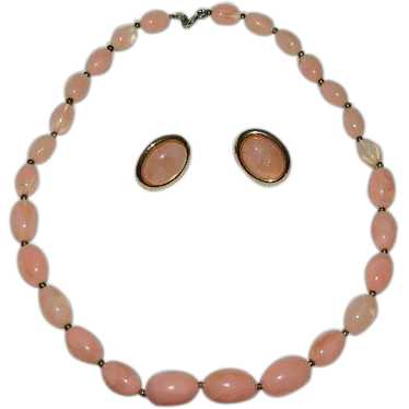 Salmon Pink Lucite Beaded Necklace & Earrings - image 1
