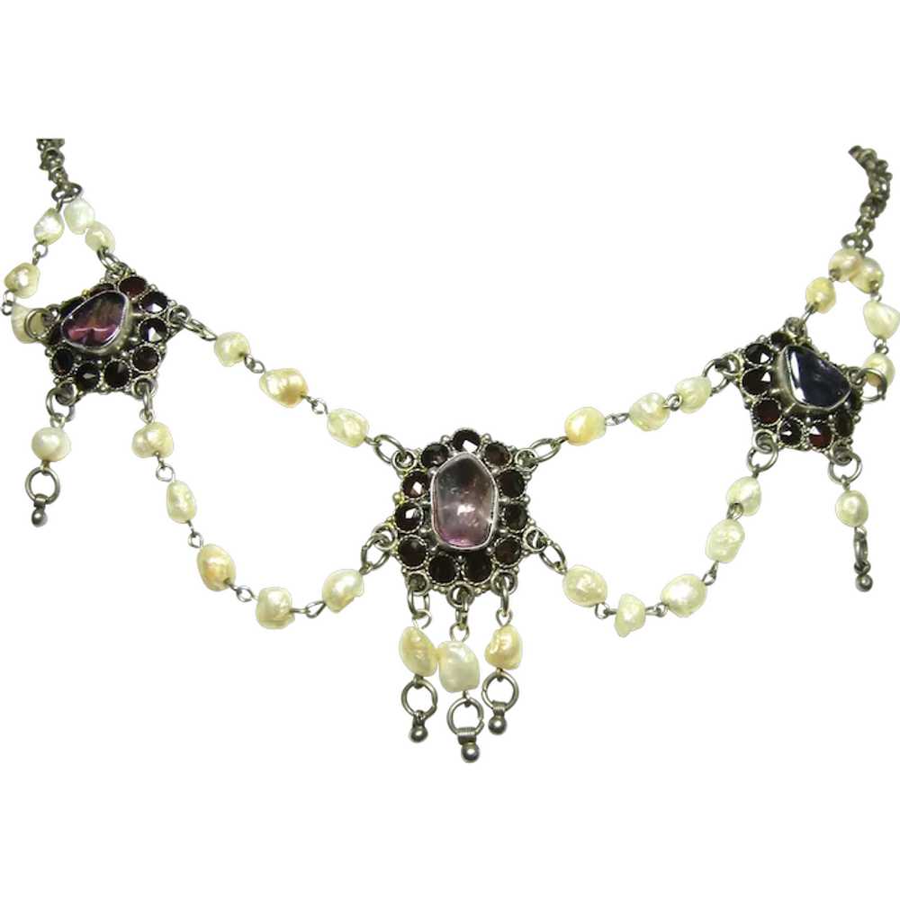 Vintage Pearl, Amethyst, and Garnet Festoon Neckl… - image 1