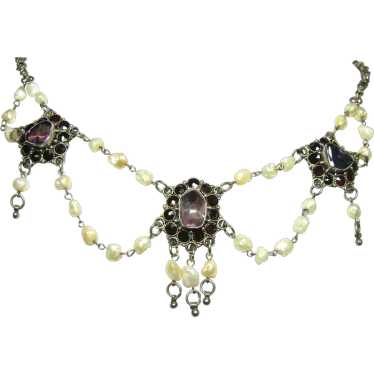 Vintage Pearl, Amethyst, and Garnet Festoon Neckl… - image 1