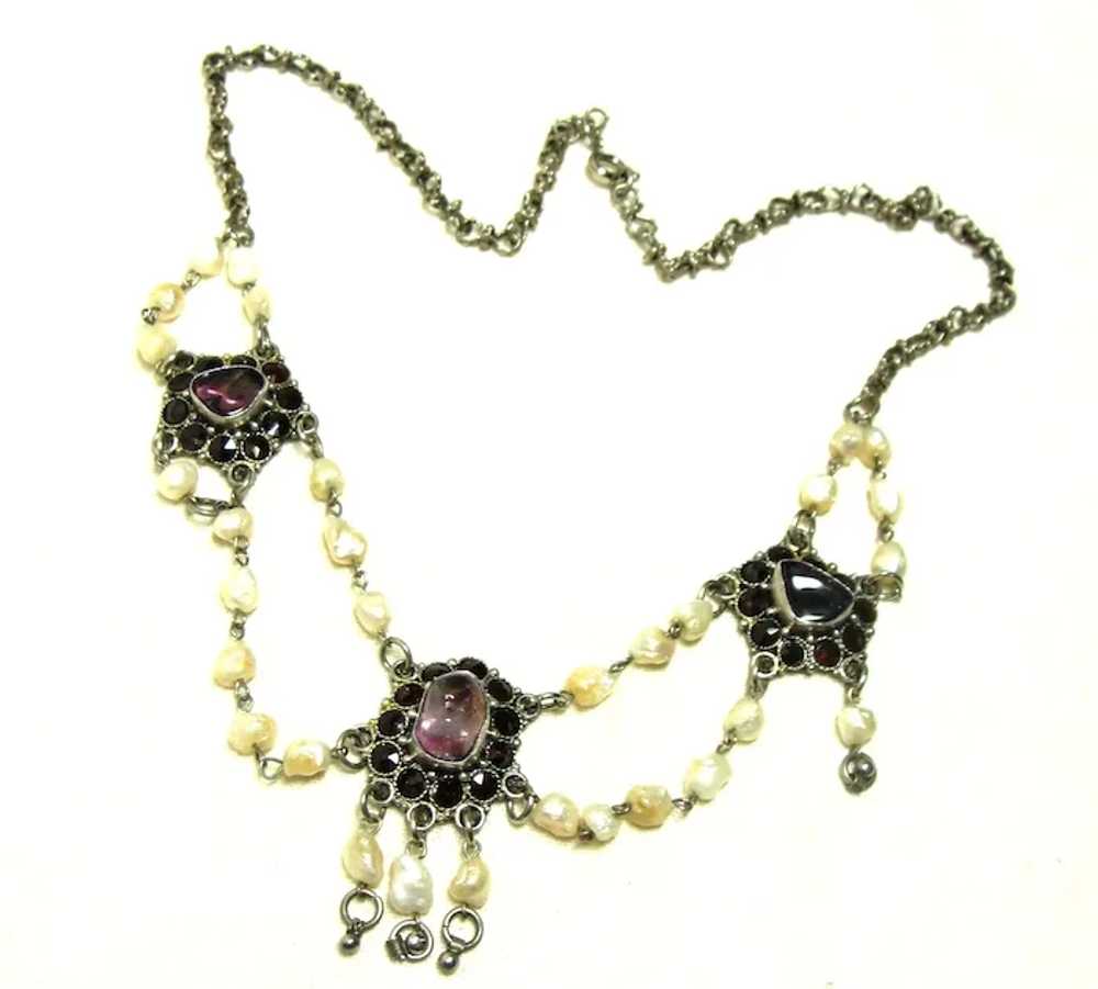 Vintage Pearl, Amethyst, and Garnet Festoon Neckl… - image 3