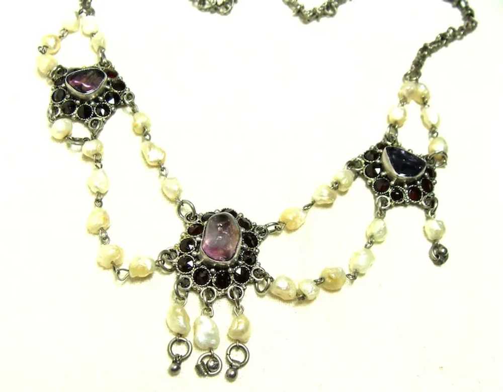 Vintage Pearl, Amethyst, and Garnet Festoon Neckl… - image 4