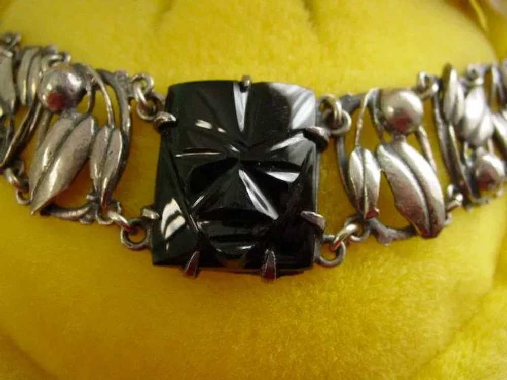 Sterling Silver Ornate Onyx Wide Bracelet - image 2