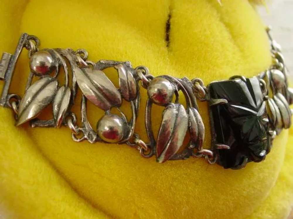 Sterling Silver Ornate Onyx Wide Bracelet - image 4