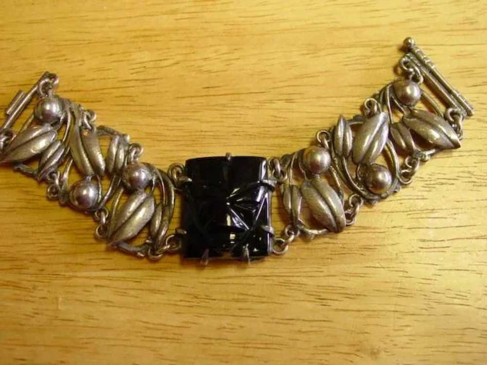 Sterling Silver Ornate Onyx Wide Bracelet - image 6