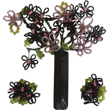 Black and Purple Flower Vase Pin and Earrings - image 1