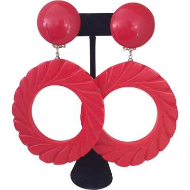 Red Carved Hoop Bakelite Earrings