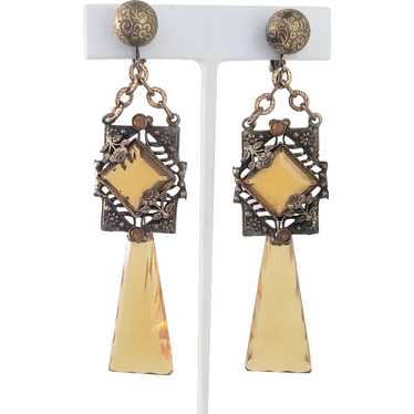 Alluring Amber Yellow Glass Czech Earrings - image 1