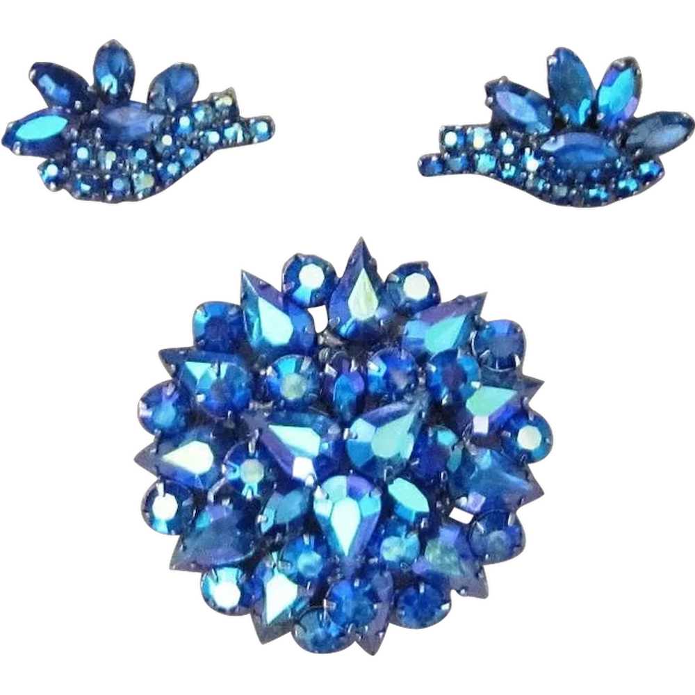 Amazing Bright Blue AB Vintage Brooch and Earrings - image 1