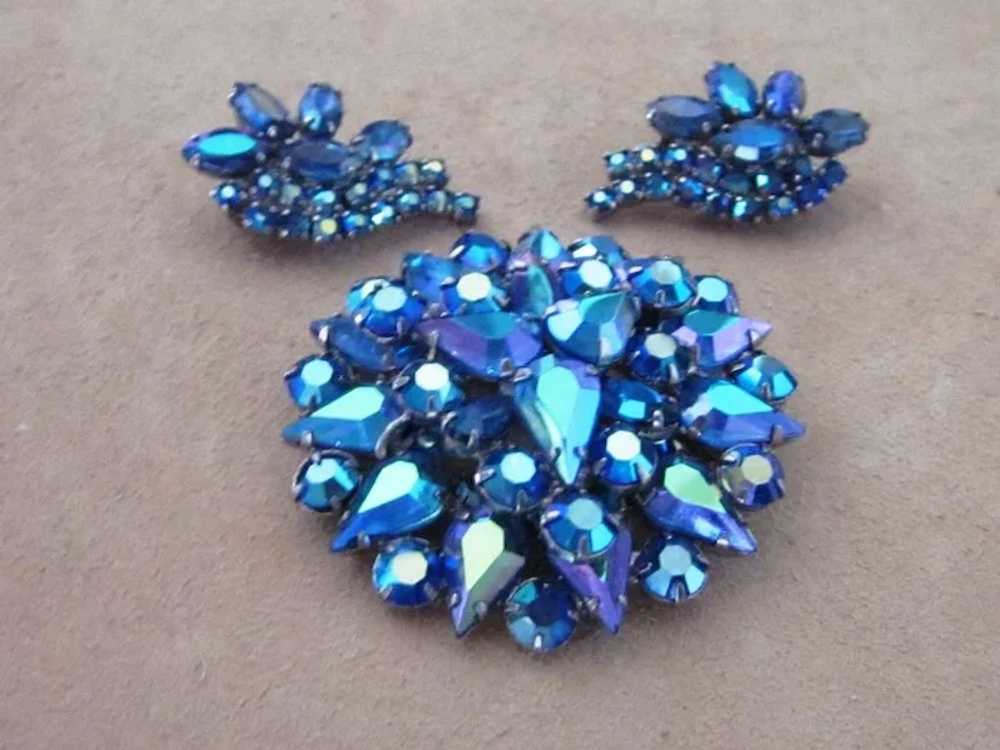 Amazing Bright Blue AB Vintage Brooch and Earrings - image 2