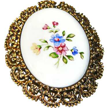 Porcelain Mid-Century Brooch Painted Flowers with… - image 1