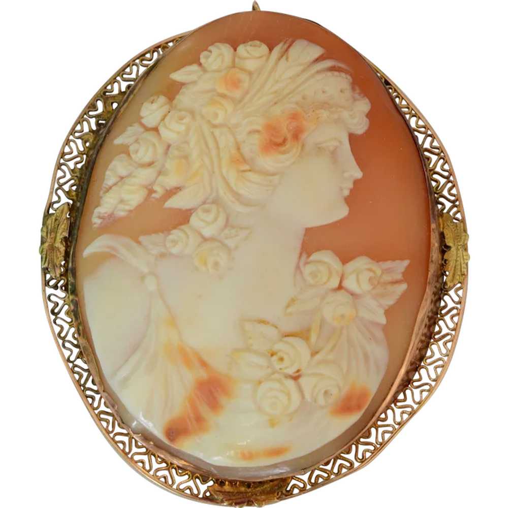 Extra Large 14K Yellow Gold Shell Cameo Woman and… - image 1