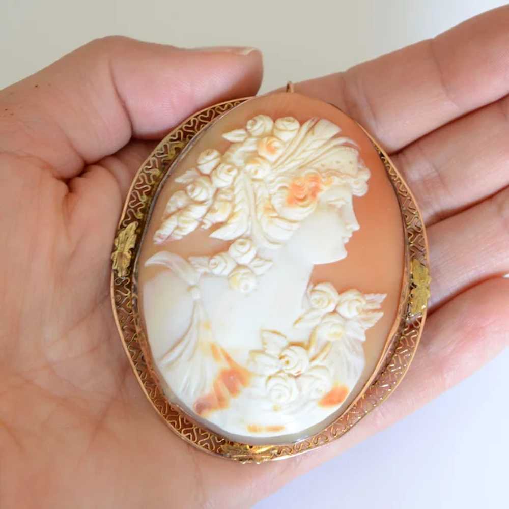 Extra Large 14K Yellow Gold Shell Cameo Woman and… - image 2