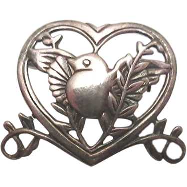 Vintage Sterling Bird In a Heart Romantic Brooch - image 1