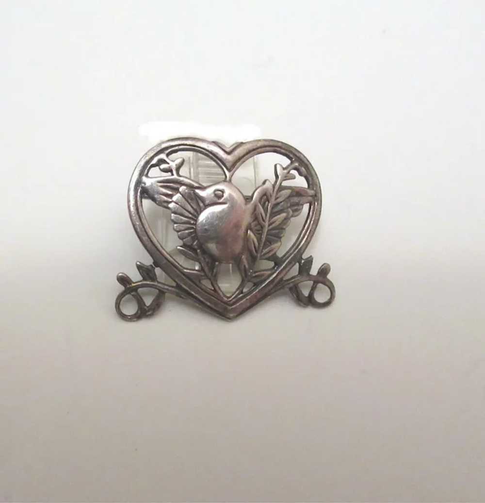 Vintage Sterling Bird In a Heart Romantic Brooch - image 2