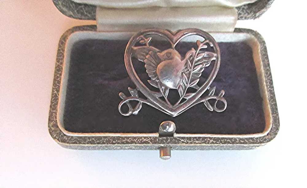 Vintage Sterling Bird In a Heart Romantic Brooch - image 3