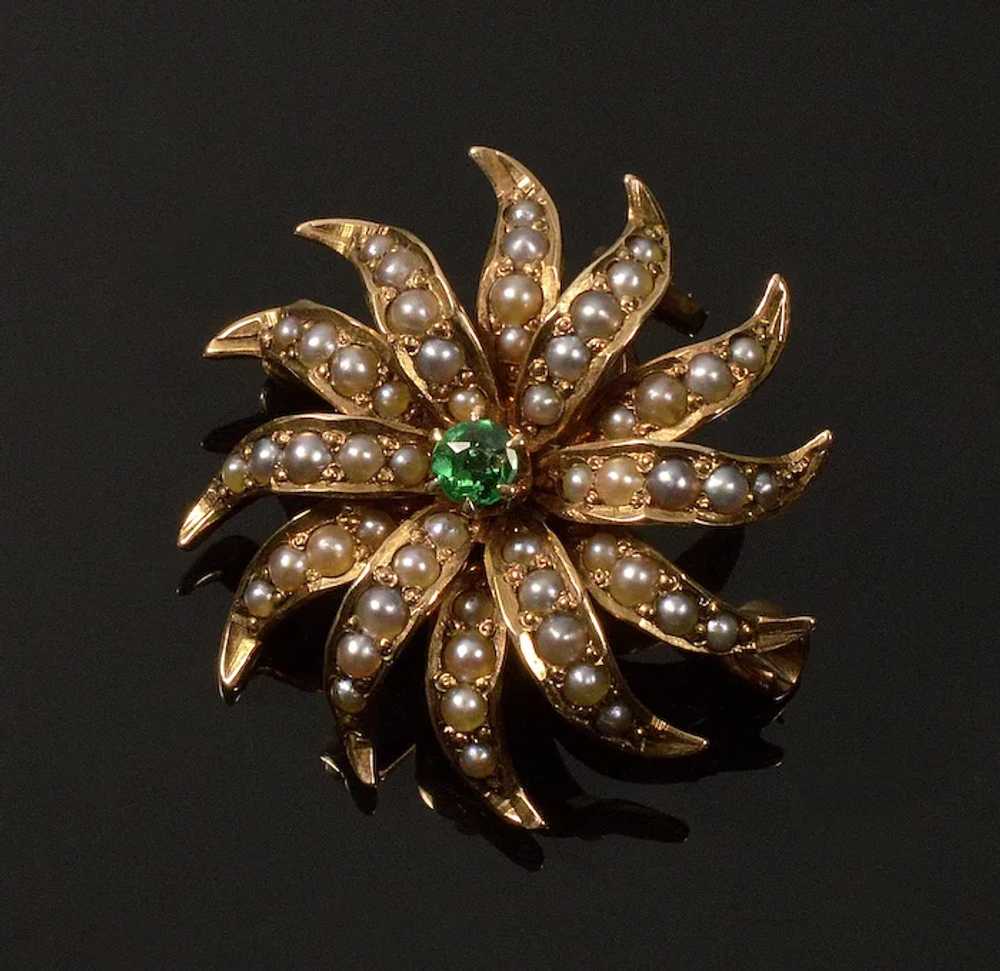 Antique Victorian 14K Gold Emerald Seed Pearls St… - image 2
