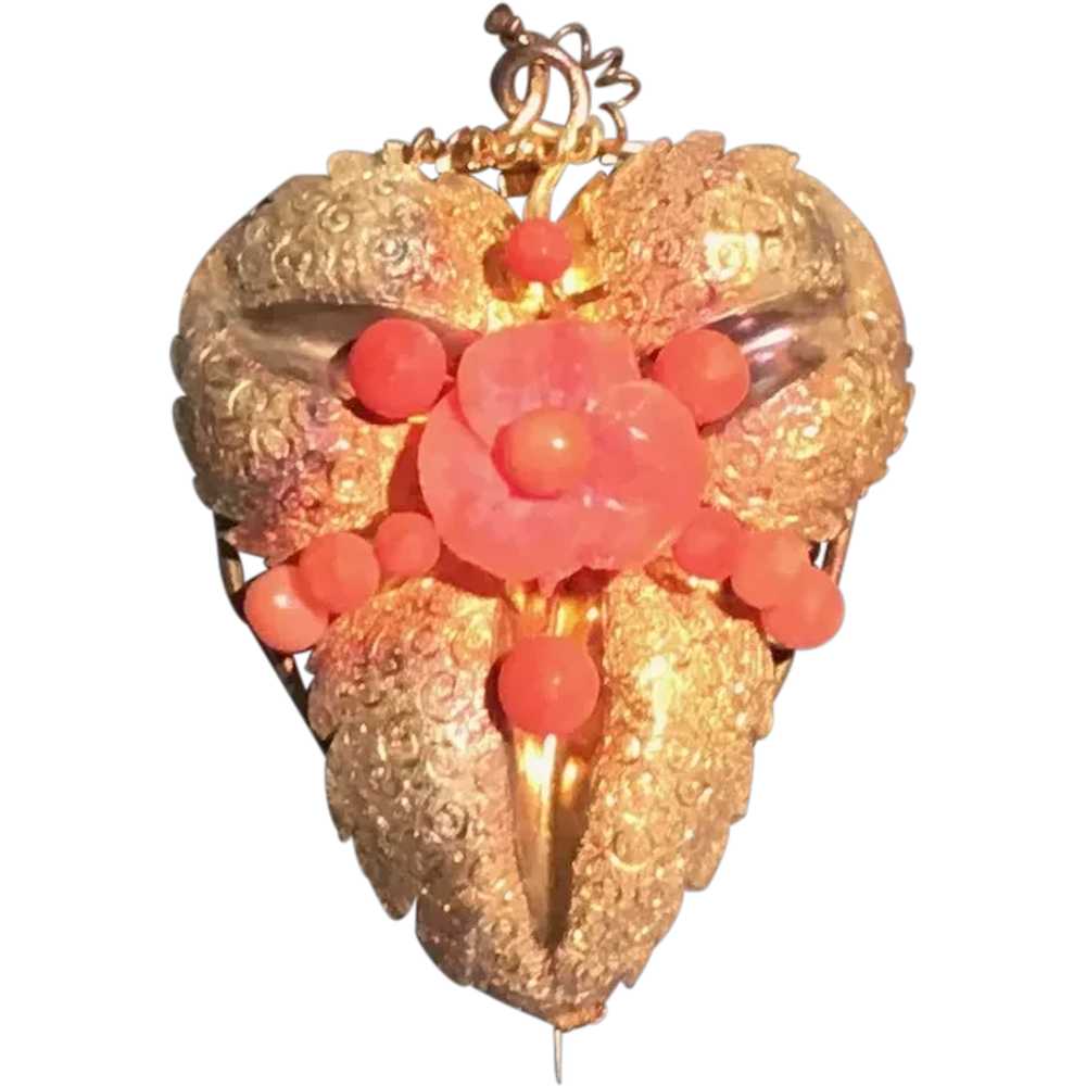 Victorian Coral & Gold Brooch - image 1