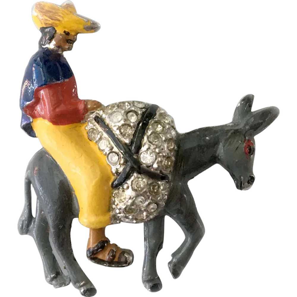 Man in Sombrero Riding a Donkey Jeweled & Enamele… - image 1