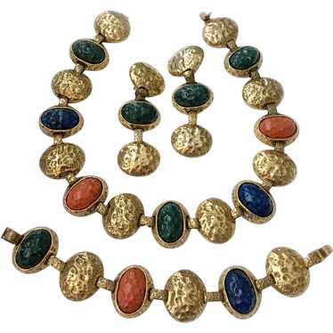 Massive Hammered Disc Parure with Jewel-tone Cabo… - image 1
