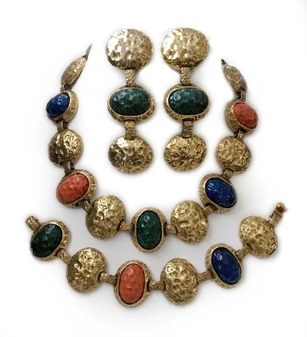 Massive Hammered Disc Parure with Jewel-tone Cabo… - image 2