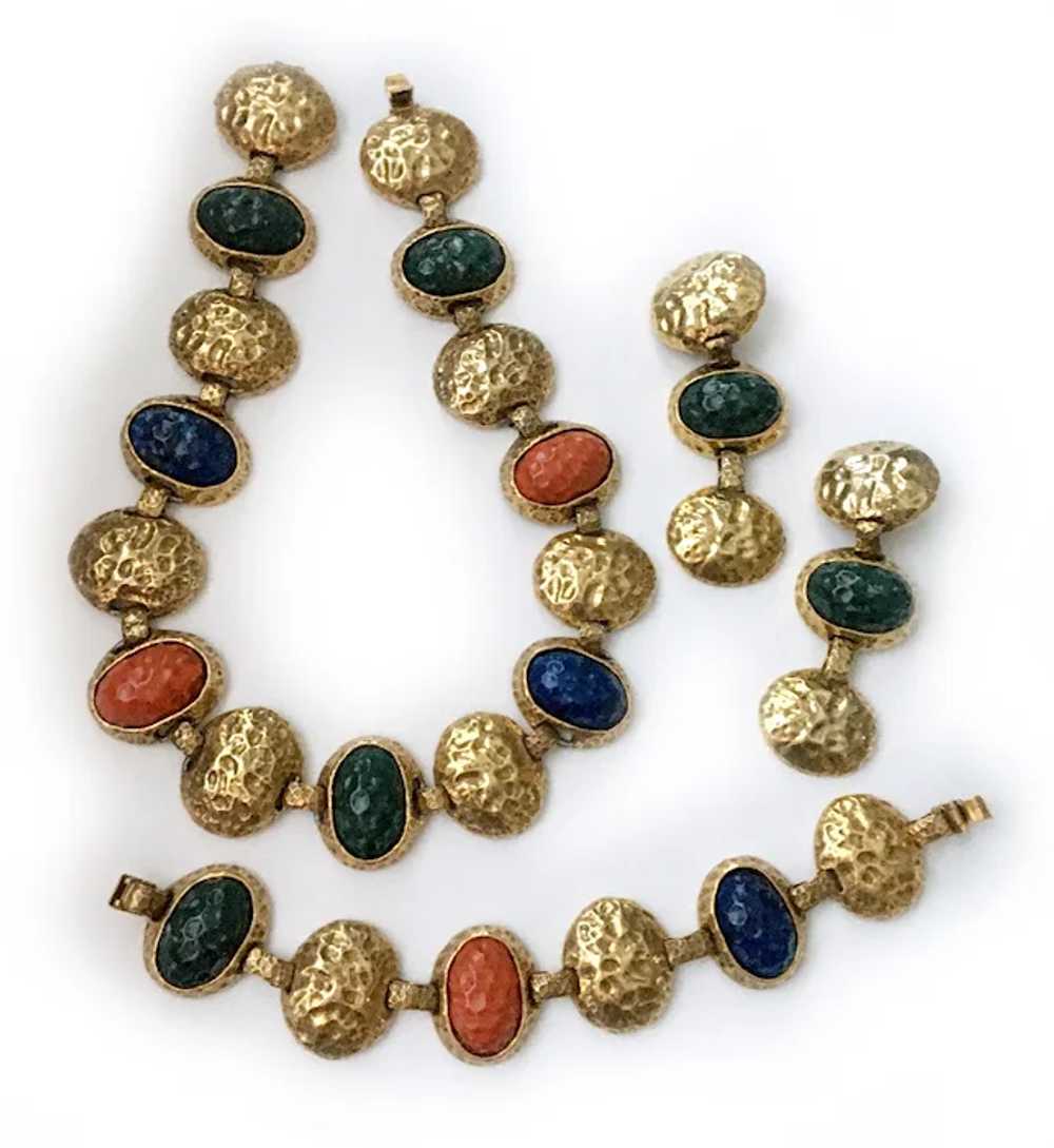 Massive Hammered Disc Parure with Jewel-tone Cabo… - image 4