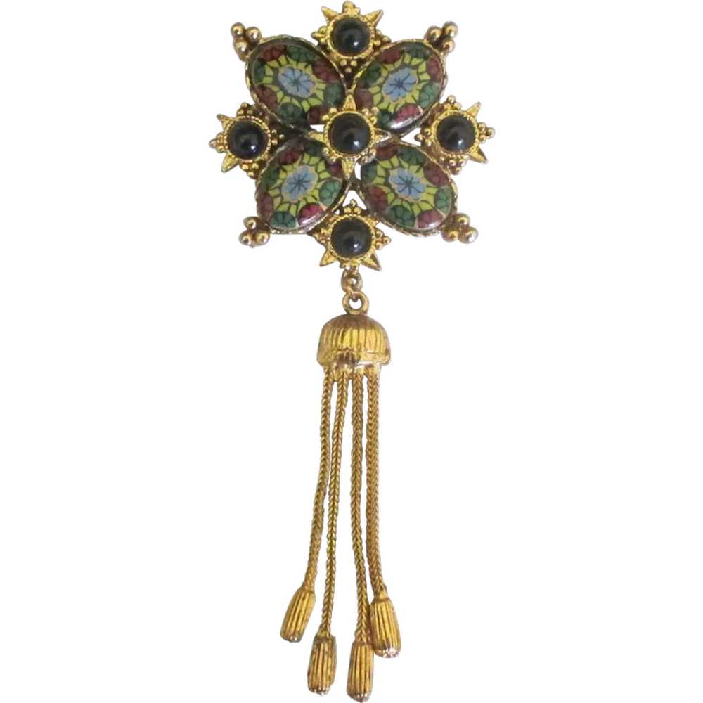 Signed LJM Faux Stained Glass Tassel Brooch - image 1
