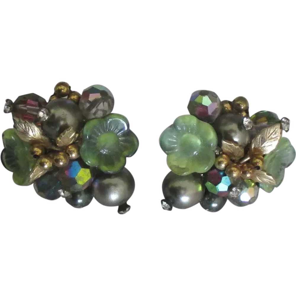 Beautiful Vendome Glass Flowers Rhinestone Earrin… - image 1