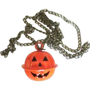 Vintage Carved Metal Pumpkin Halloween Pendant an… - image 1