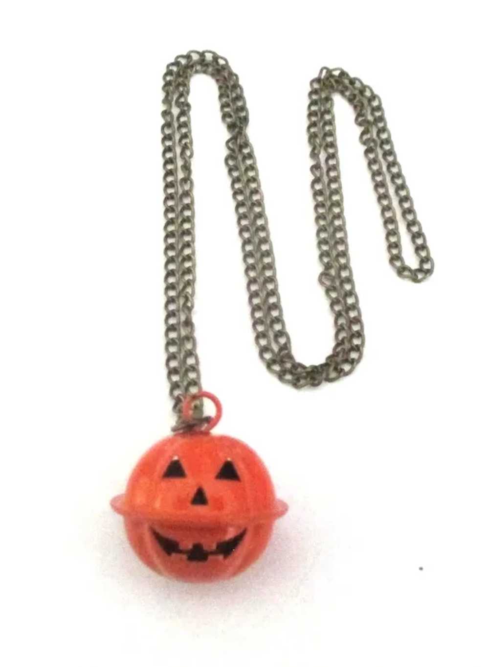 Vintage Carved Metal Pumpkin Halloween Pendant an… - image 2