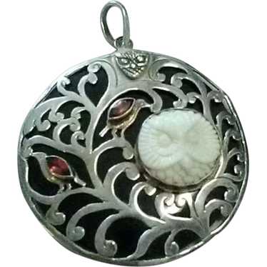 Sterling Silver, Garnet, Carved Owl, and Resin Pe… - image 1