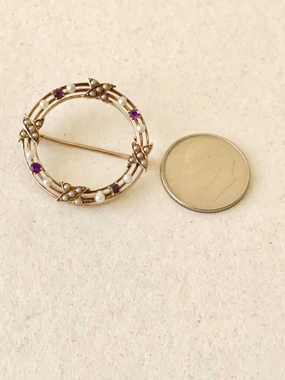 Edwardian Era Circle Pin 14K Gold Seed Pearl & Am… - image 2