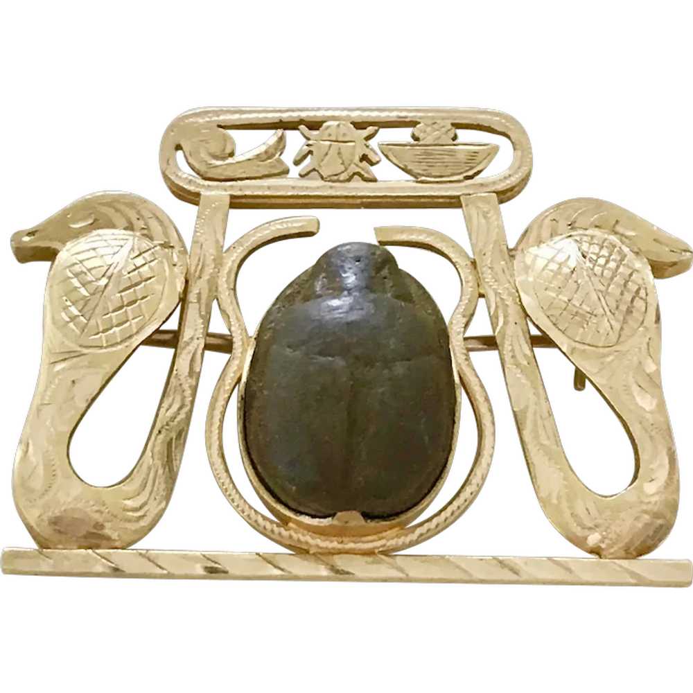 Egyptian Scarab & Snake Vintage Brooch 14K Gold - image 1