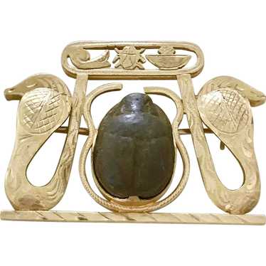 Egyptian Scarab & Snake Vintage Brooch 14K Gold - image 1