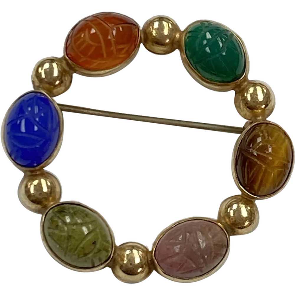 Colorful Scarab Beetle Vintage Circle Brooch 14K … - image 1