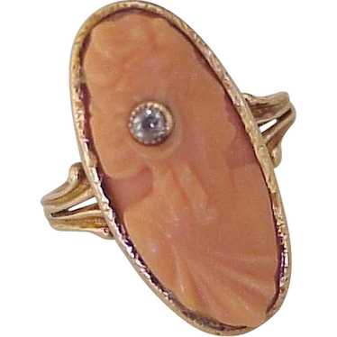 Edwardian Habille Coral Cameo Ring Diamond Accent… - image 1