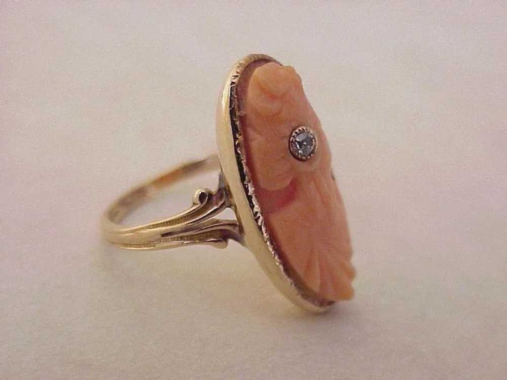 Edwardian Habille Coral Cameo Ring Diamond Accent… - image 3