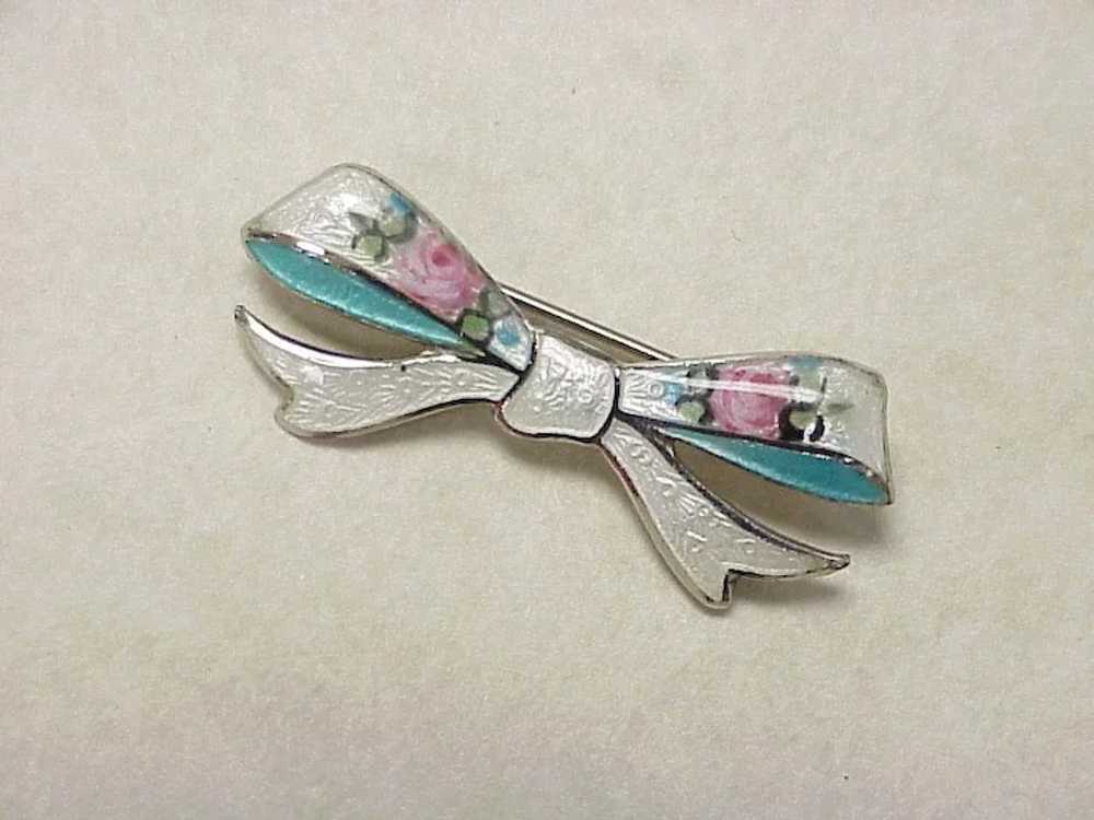 Vintage BOW Pin Colorful Guilloche Enamel Sterlin… - image 2