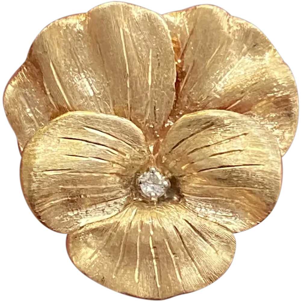 Vintage 14K Gold and Diamond Pansy Flower Pin, Br… - image 1